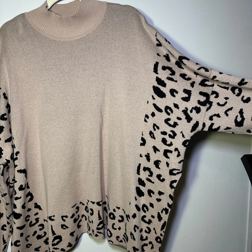 Leopard High Neck Side Slit Oversized Sweater size 2XL Cozy Minimalist Chic